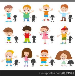 Cartoon illustration of happy children comic characters with silhouettes set