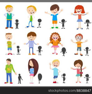 Cartoon illustration of happy children comic characters with silhouettes set