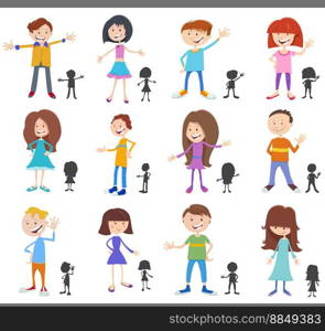 Cartoon illustration of happy children comic characters with silhouettes set