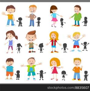 Cartoon illustration of happy children comic characters with their silhouettes set