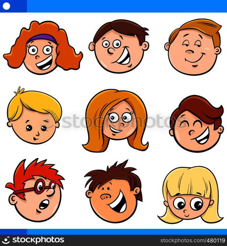 Cartoon Illustration of Happy Children or Teens Characters Faces Set
