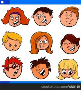 Cartoon Illustration of Happy Children or Teens Characters Faces Set