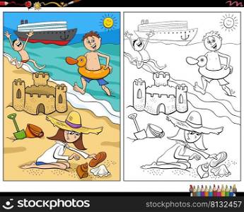 Cartoon illustration of happy children spending their vacation on the beach coloring book page