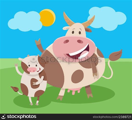 Cartoon illustration of happy cow farm animal character with calf