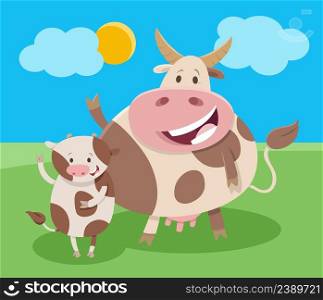 Cartoon illustration of happy cow farm animal character with calf