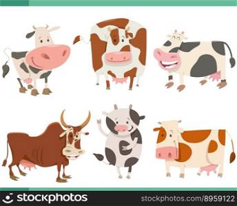 Cartoon illustration of happy cows farm animals comic characters set