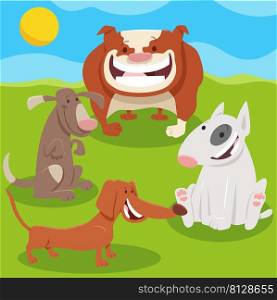 Cartoon illustration of happy dogs and puppies animal characters group