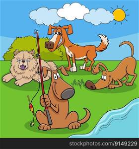 Cartoon illustration of happy dogs and puppies animal characters outdoor