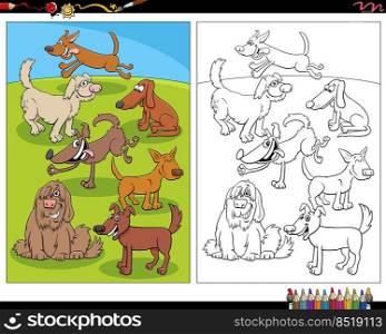 Cartoon illustration of happy dogs animal characters coloring page