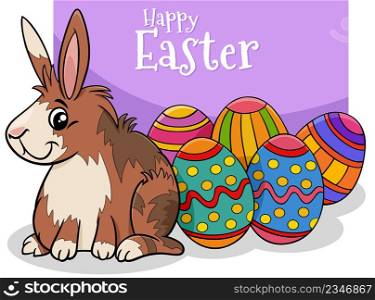 Cartoon illustration of happy Easter Bunny character with colored Easter eggs