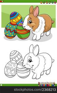 Cartoon illustration of happy Easter bunny character with colored Easter eggs coloring book page