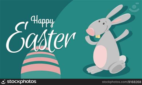Cartoon illustration of happy Easter Bunny character with painted Easter egg greeting card design