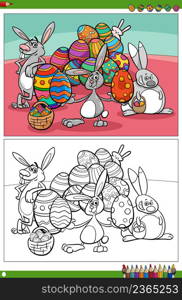 Cartoon illustration of happy Easter bunny characters with colored eggs coloring book page