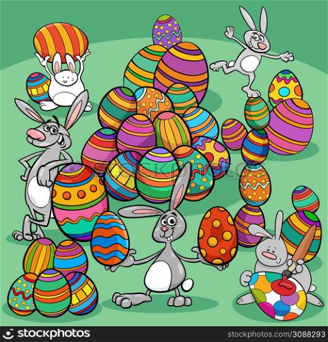 Cartoon illustration of happy Easter bunny characters with Easter eggs