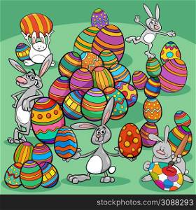 Cartoon illustration of happy Easter bunny characters with Easter eggs