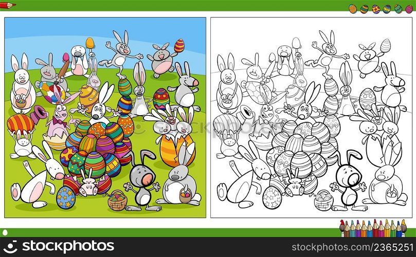Cartoon illustration of happy Easter bunny characters with Easter eggs coloring book page