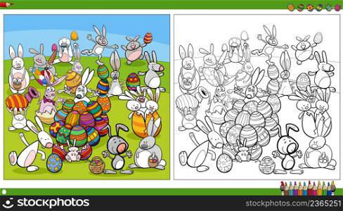 Cartoon illustration of happy Easter bunny characters with Easter eggs coloring book page