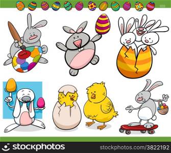 Cartoon Illustration of Happy Easter Themes with Bunnies and Chicks with Eggs
