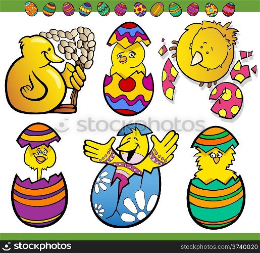 Cartoon Illustration of Happy Easter Themes with Chicken or Chicks and Paschal Eggs