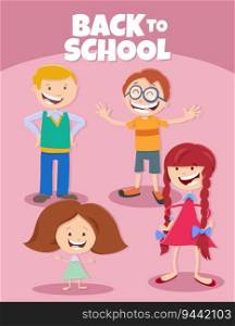 Cartoon illustration of happy elementary age children characters with Back to School caption