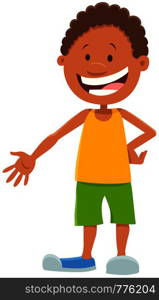 Cartoon Illustration of Happy Elementary Age or Teen African Boy Character