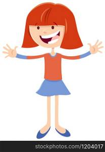 Cartoon Illustration of Happy Elementary or Teen Age Girl Funny Comic Character