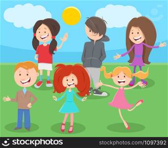 Cartoon Illustration of Happy Elementary or Teen Age Kids Characters Group