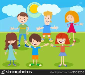 Cartoon Illustration of Happy Elementary or Teen Age Kids Characters Group Outdoor