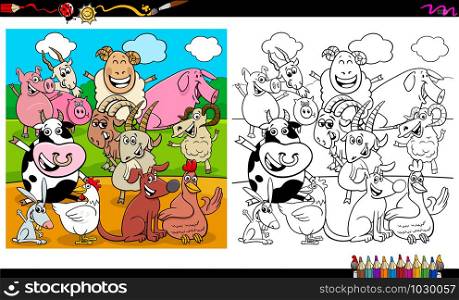 Cartoon Illustration of Happy Farm Animal Characters Group Coloring Book Worksheet