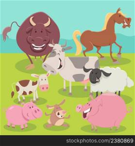 Cartoon illustration of happy farm animal characters group in the meadow