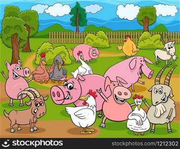 Cartoon Illustration of Happy Farm Animals Comic Characters Group in the Countryside
