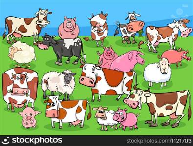 Cartoon Illustration of Happy Farm Animals Comic Characters Group on the Meadow