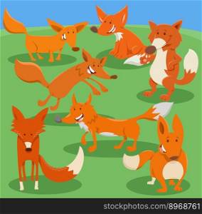 Cartoon illustration of happy foxes wild animals characters group