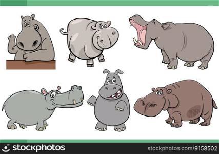 Cartoon illustration of happy hippopotamus comic animal characters set