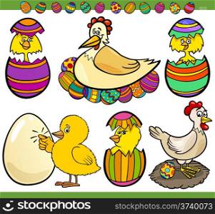 Cartoon Illustration of Happy Holiday Themes with Chicken or Chicks and Easter Eggs