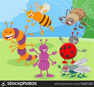 Cartoon Illustration of Happy Insects and Bugs Animal Characters Group on the Meadow