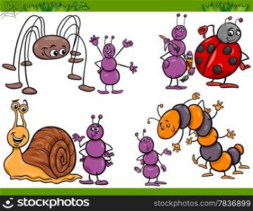 Cartoon Illustration of Happy Insects or Bugs Set like Ant or Ladybug or Harvestman and Caterpillar