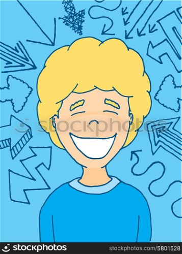 Cartoon illustration of happy kid influenced by different external factors