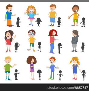 Cartoon illustration of happy kids and teenagers comic characters with silhouettes set