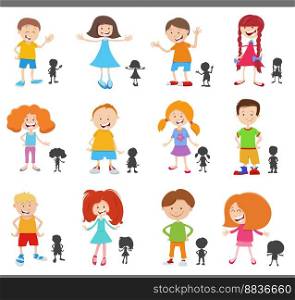 Cartoon illustration of happy kids comic characters with their silhouettes set