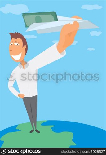 Cartoon illustration of happy man sending paper via paper plane
