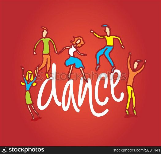 Cartoon illustration of happy people dancing and jumping around