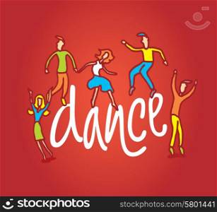Cartoon illustration of happy people dancing and jumping around