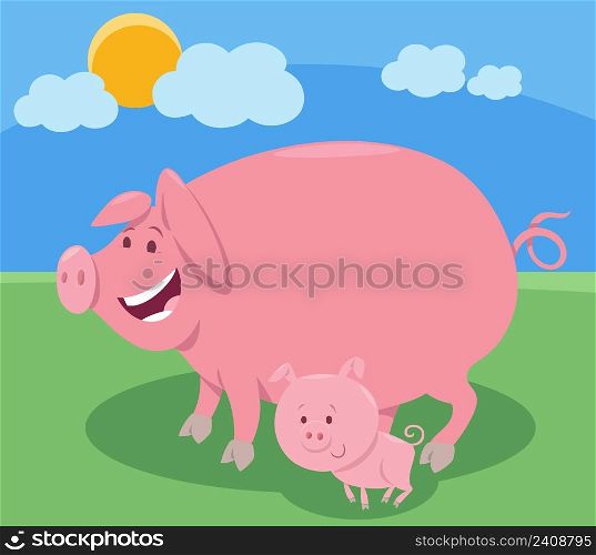Cartoon illustration of happy pig farm animal character and little piglet