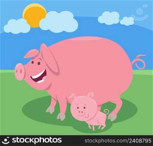 Cartoon illustration of happy pig farm animal character and little piglet