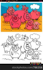 Cartoon Illustration of Happy Pigs Animal Characters Coloring Book Activity