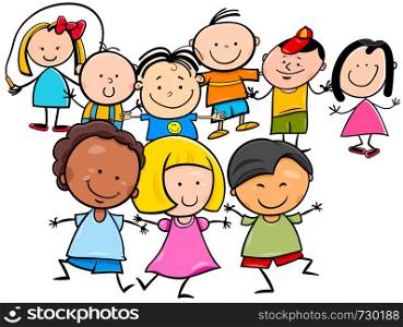 Cartoon Illustration of Happy Preschool or Elementary Age Children Characters Group