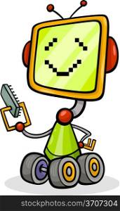 Cartoon Illustration of Happy Robot or Droid with Micro Chip or Microprocessor
