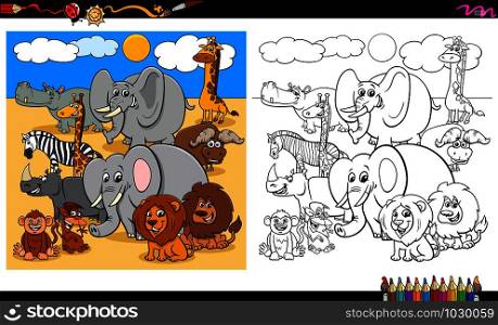 Cartoon Illustration of Happy Safari Animal Characters Group Coloring Book Worksheet