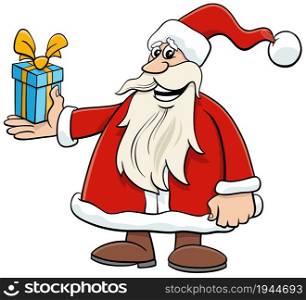Cartoon illustration of happy Santa Claus character with gift on Christmas time